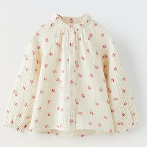 Zara textured girls Floral Shirt - Cream with Pink Flowers